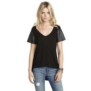 BCBGeneration Faux Leather Sleeve Hi Lo V-Neck Tee